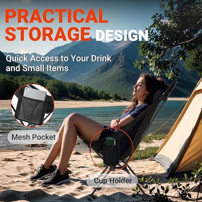 Overmont Portable High-Back Camping Chair - 440LBS Support Oversized Lightweight Folding Backpacking Chair for Adults - Compact with Detachable Pillow for Outdoor Travel Hiking Beach Fishing