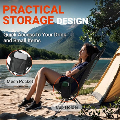 Overmont Portable High-Back Camping Chair - 440LBS Support Oversized Lightweight Folding Backpacking Chair for Adults - Compact with Detachable Pillow for Outdoor Travel Hiking Beach Fishing