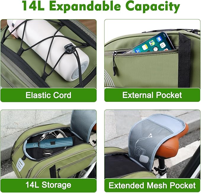 YEEGO DIRECT Bike Rack Bag, 14L Expandable Capacity Bike Bags for Bicycles Rear Rack,Water-resistant Bike Trunk Panniers Reflective Design, Crossbody Shoulder Bag for Commuting Outings(Green)