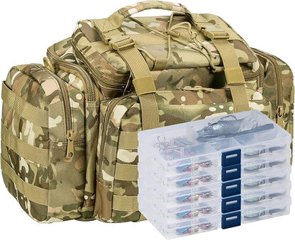 Dr.Fish Fishing Tackle Bag 5 Boxes with 60 Lures Included Loaded Stocked Tackle Box Set Spinner Lures Kit Freshwater Gear Equipment