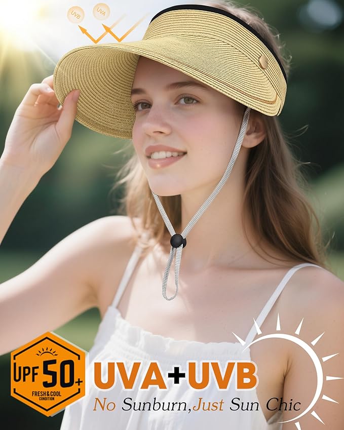Sun Visor Hat for Women,Wide Brim Beach Hat UV Protection, Packable Straw Sun Visor Hat for Vacation,Summer