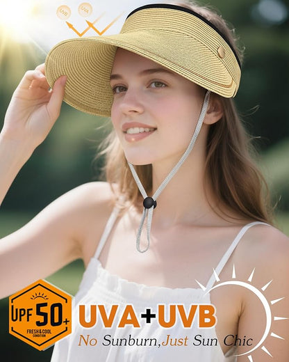 Sun Visor Hat for Women,Wide Brim Beach Hat UV Protection, Packable Straw Sun Visor Hat for Vacation,Summer