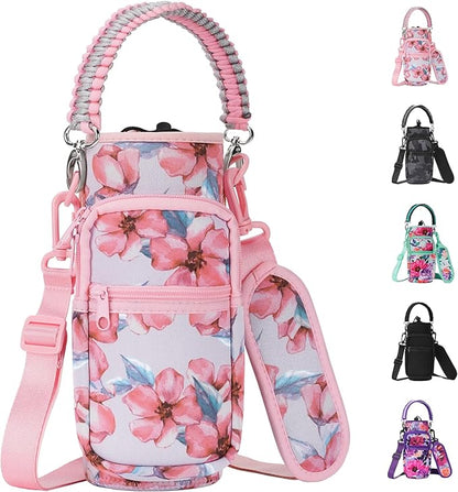 32/40/64/128 oz Neoprene Insulated Water Bottle Carrier Bag, Sling Bag Sleeve Pouch Holder with Strap & Paracord Handle and 2 Pocket for Travelling, Hiking, Camping