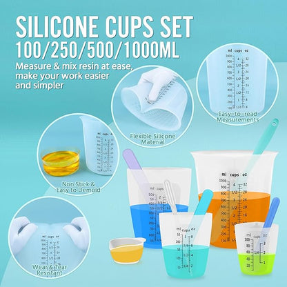 Silicone Resin Mixing 1L Measuring Cup Set for Resin Supplies, Easy-to-Read Marks, 1000ml/32oz Large Cup, 500&250&100ml Thickened Reusable Silicone Cups for Epoxy Mixing, Jewelry Making