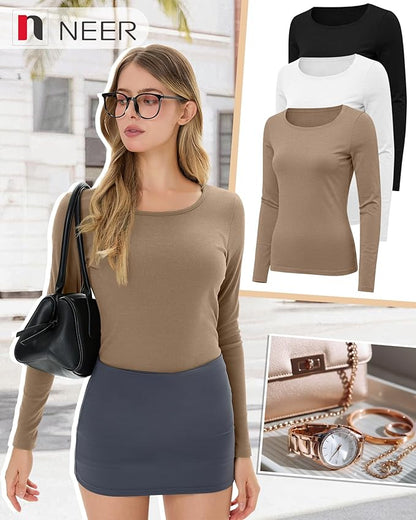 Neer 3 Pack Women's Thermal Shirts Long Sleeve Crew Neck Fleece Lined Undershirts Slim Fit Basic Tops Winter Base Layer