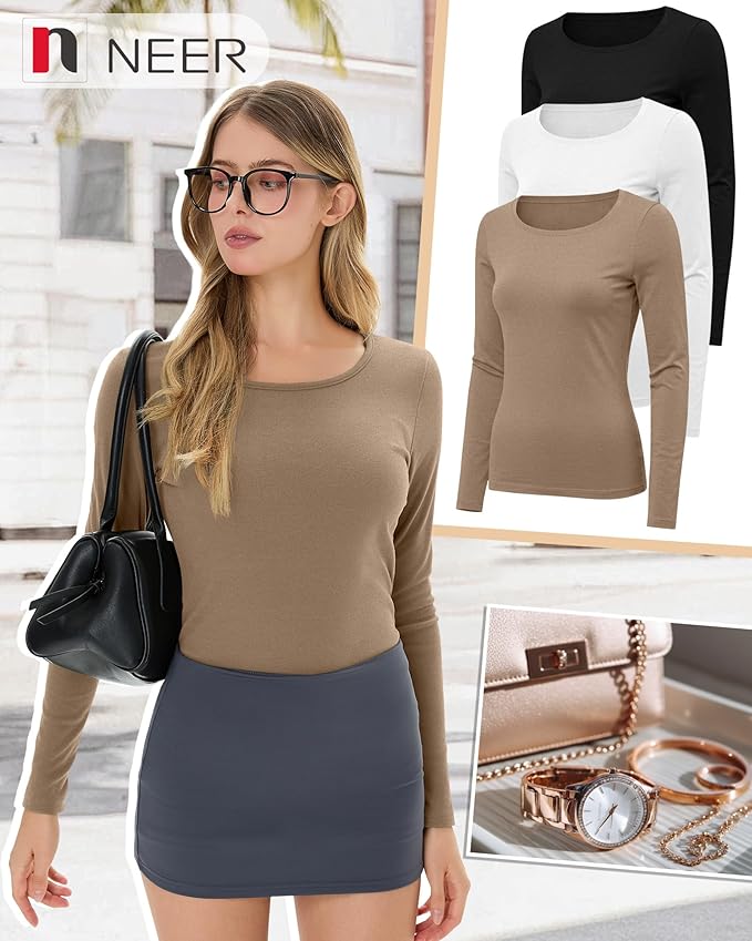 Neer 3 Pack Women's Thermal Shirts Long Sleeve Crew Neck Fleece Lined Undershirts Slim Fit Basic Tops Winter Base Layer