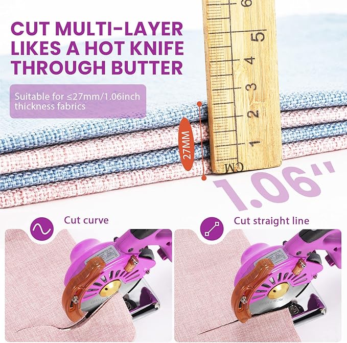 BAOSHISHAN Electric Fabric Rotary Cutter with 2x14.8V Battery Big Cordless Speed Adjustable Scissor 100mm/4inch Round Knife Leather Cutting Machine Suitable for Multi-Layer Fabric (Purple (Cordless))
