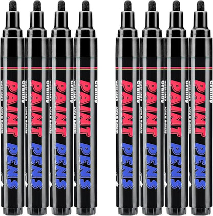 Black Paint Pens Paint Markers - 8 Pack Permanent Quick Dry Waterproof Marker Pens for Rocks Wood Fabric Plastic Canvas Glass Mugs Metal Tire Stone