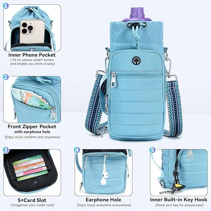 Water Bottle Carrier Bag with Strap, Sling Bag for Walking, Hiking, Cycling, Black, 40 Ounces