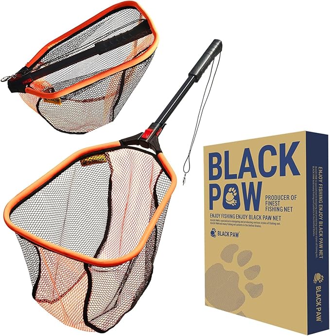 Black Paw Floating Fishing Net - Telescopic Foldable Fish Landing Net with Adjustable Mesh Head, Built in Length Scale