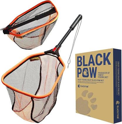 Black Paw Floating Fishing Net - Telescopic Foldable Fish Landing Net with Adjustable Mesh Head, Built in Length Scale