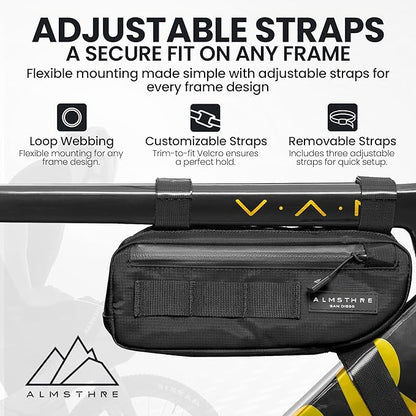 ALMSTHRE Compact Bike Frame Bag – Midnight Black | Weather-Resistant, Waterproof Zippers & Dual-Sided Access for Road, MTB, and Ebike Frames