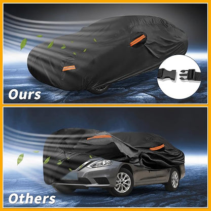 Waterproof All-Weather Universal Car Cover with Right Side Zipper, 210T-PU Black Fits for Sedan 190" to 198" Length