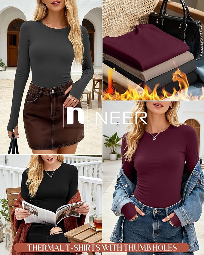 Neer 4 Pack Women's Fleece Thermal Long Sleeve Shirts, Thumb Holes Crew Neck Slim Fit Tops Warm Workout Basic Undershirt