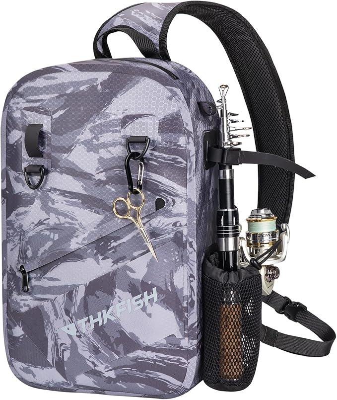 THKFISH IPX8 Waterproof Fishing Backpack with Rod Holder, Lightweight Fishing Sling Bag, Move Freely Fish Gifts for Men