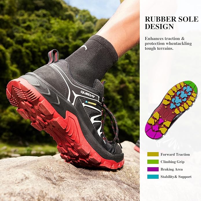 Queday Mens Waterproof Hiking Shoes Lightweight Outdoor Walking Shoes Breathable Hike Trekking Trails Camping Climbing