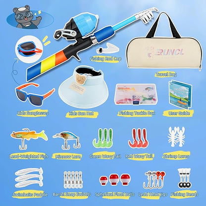 RUNCL Kids Fishing Pole and Reel Combo Kit - 4.9FT Telescopic Fishing Rod with Spincast Reel, Tackle Box, Hat, Sunglasses, Travel Bag - Easy Fishing Kit for Kids Ages 3-12, Youth Beginner