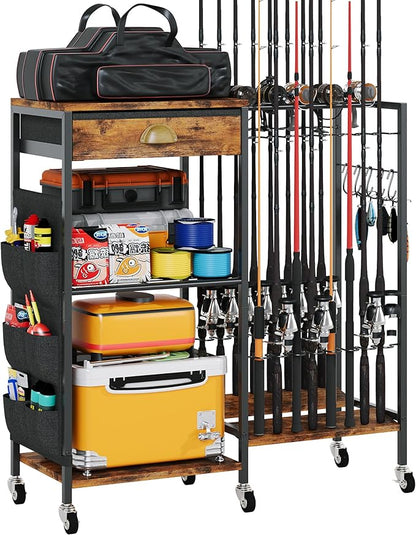 Homeiju Fishing Rod Holder, Fishing Pole Holders for Garage Boat Fishing Gear Storage with Drawer and Wheels, Holds 16 fishing rods for Home Entryway Corner,Rustic Brown