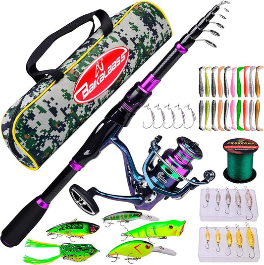 Fishing Rod and Reel Combo - 6.9ft Telescopic Spincast Rod with Left Handed Baitcasting Reel Combos - Sea Saltwater Freshwater Ice Bass Fishing Tackle Set - Fishing Rods Kit