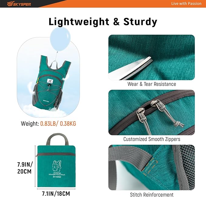SKYSPER 15L/20L Foldable Hiking Backpack Lightweight Packable Travel Daypack with Chest Strap Small Folding Pack for Walking