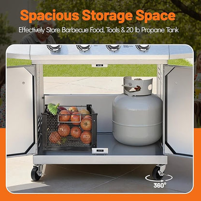 5-Burner Propane Gas Grill with Side Burner, 50,000 BTU, Stainless Steel 4+1 BBQ Grill, Porcelain-Enameled Cast Iron Grates,Locking Casters, Outdoor Grill for Patio & Backyard