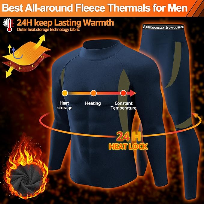 UNIQUEBELLA Men's Thermal Underwear Sets Top & Long Johns Fleece Sweat Quick Drying Thermo Base Layer