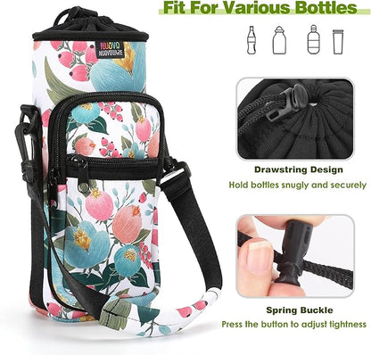 Nuovoware Water Bottle Carrier Bag,25oz/40oz/64oz Bottle Pouch Holder,Adjustable Shoulder Hand Strap 2 Pocket Sling Neoprene Sleeve Sports Accessories for Hiking Travelling Camping