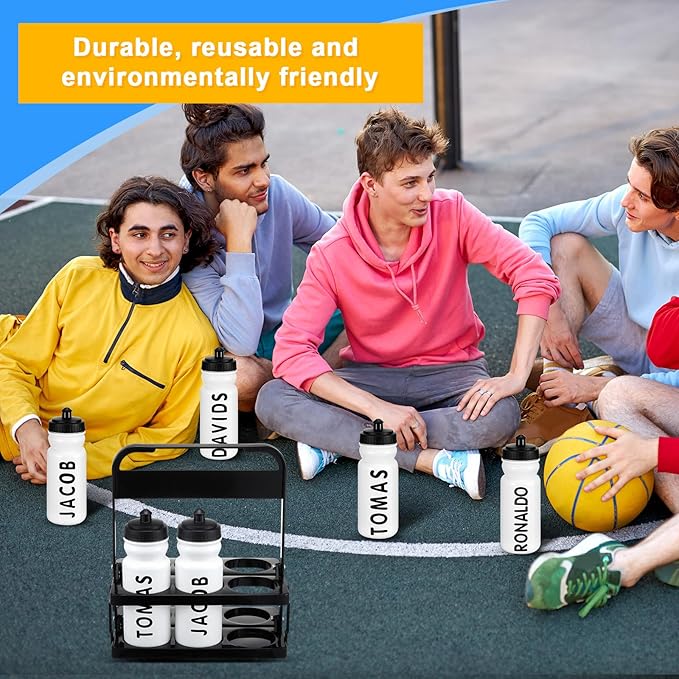 Suclain 14 Pcs Water Bottle Carrier with 20 Oz Bottles and Stickers Plastic Wide Mouth Sports Water Bottle Squeeze Team Bottles with Black Lid for Fitness Bike Gym (White)