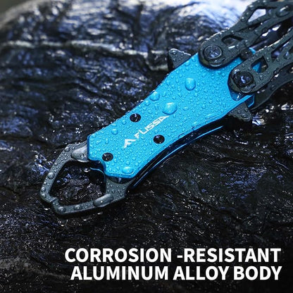 FLISSA Folding Fish Gripper with Lanyard, Lightweight Aluminum Fish Grabber, Portable Fish Lip Gripper Holder for Saltwater and Freshwater Fishing