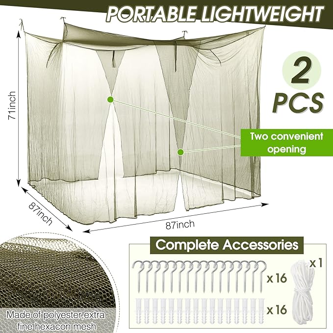 Tranqun 2 Pcs Mosquito Netting for Patio, Ultra Large Mosquito Net l 87 x W 87 x H 71 Inch for Bed with 2 Side Openings 16 Hanging Loops for Camping Home Outdoor Travel Dormitory Decor(Dark Green)