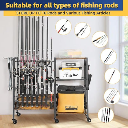 Olakee Fishing Rod Holder, Fishing Pole Holders for Garage Boat Home Entryway Fishing Gear Storage with Tackle Cart Ideal Gift for Men Dad Anglers Corner Design for Rods and Equipment Organizers