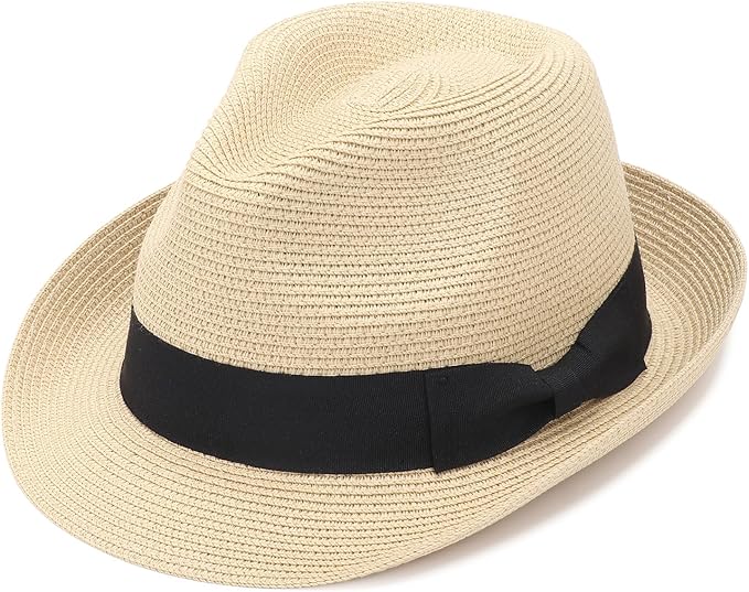 DRESHOW Women Straw Sun Hat Short Brim Panama Travel Fedora Beach Cap Roll up Summer Hat for Women Men UPF 50+