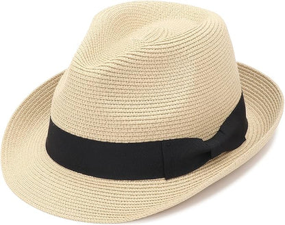 DRESHOW Women Straw Sun Hat Short Brim Panama Travel Fedora Beach Cap Roll up Summer Hat for Women Men UPF 50+
