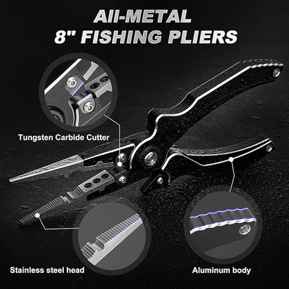 Aluminum Alloy Fishing Pliers, Corrosion Resistant,Multifunctional Hook Remover with 2 Sheaths,Safety Lock, Fishing Line Cutting,Tungsten Carbide Cutters, 8 Inch Lightweight Fishing Tool