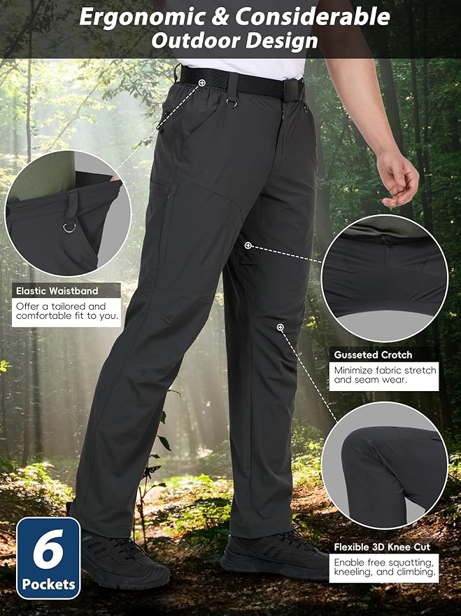 Mens Hiking Pants Lightweight Cargo Work Tactical Nylon Stretch Waterproof Quick Dry Fishing Travel Outdoor 6 Pockets