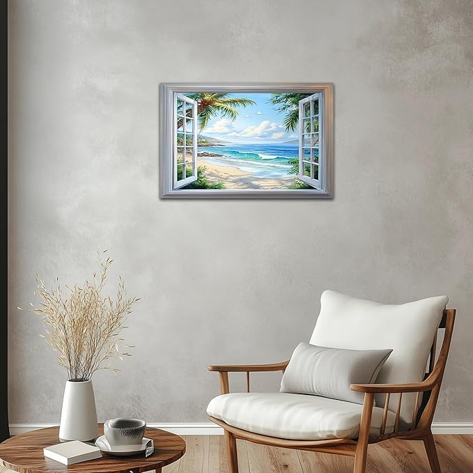ANRUOXI Beach Wall Art, Blue Ocean Canvas Prints Wall Decor, Window Frame Style Sea Canvas Wall Decor, Ocean Seaside Painting, Nature Coastal Landscape Framed Artwork for Living Room Office 18x24 Inch