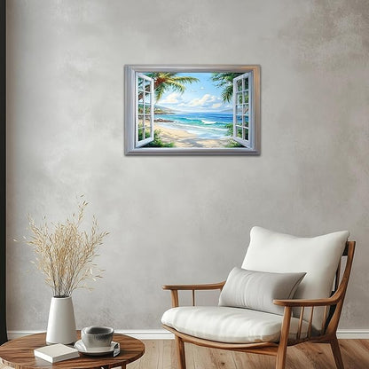 ANRUOXI Beach Wall Art, Blue Ocean Canvas Prints Wall Decor, Window Frame Style Sea Canvas Wall Decor, Ocean Seaside Painting, Nature Coastal Landscape Framed Artwork for Living Room Office 18x24 Inch