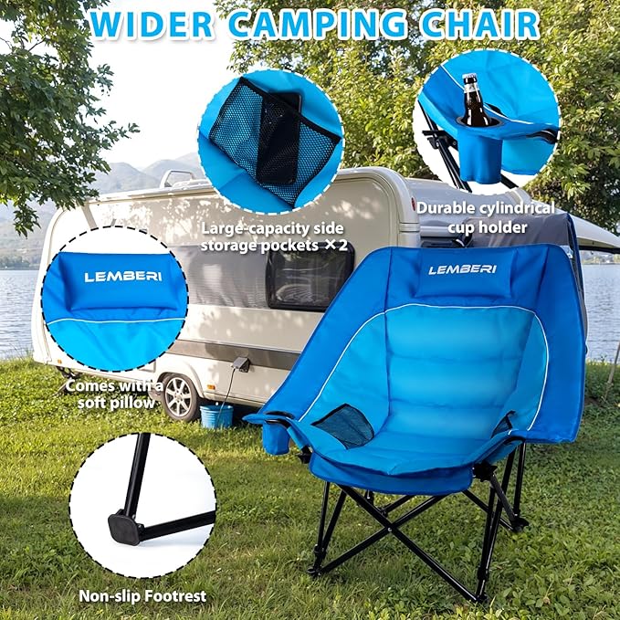 Oversized Camping Chairs 2 Pack, Heavy Duty Folding Chairs Support 500LB for Adults, Portable Low Beach Chairs with Headrest Support and Cup Holder for Outdoor, Camping, Sports, Blue