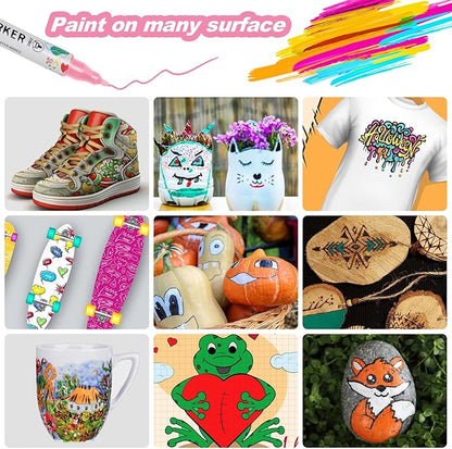 120 Colors Acrylic Paint Pens, Dual Tip Acrylic Paint Markers for Paper, Wood, Canvas, Stone, Rock Painting, Glass, Fabric, DIY, Ceramic, Art Supplies for Kids and Adults Drawing (Dot + Fine)