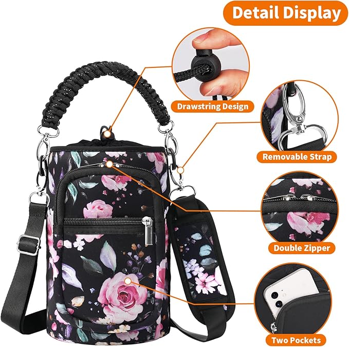 32/40/64/128 oz Neoprene Insulated Water Bottle Carrier Bag, Sling Bag Sleeve Pouch Holder with Strap & Paracord Handle and 2 Pocket for Travelling, Hiking, Camping