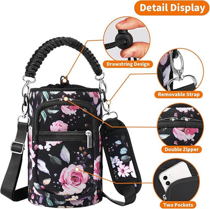 32/40/64/128 oz Neoprene Insulated Water Bottle Carrier Bag, Sling Bag Sleeve Pouch Holder with Strap & Paracord Handle and 2 Pocket for Travelling, Hiking, Camping