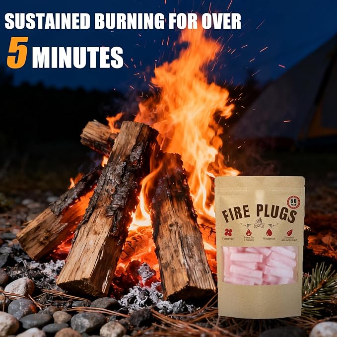 Waterproof Fire Starters with 5+ Minute Burn for Emergencies, Survival, Campfires, Fire Pits, Grills - 60 Pack Non-Toxic