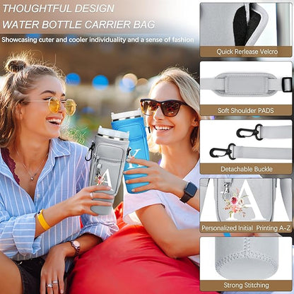 Initial Water Bottle Holder with Strap for Stanley 40 oz Tumbler/Simple Modern 40 oz Tumbler,Water Bottle Carrier Bag with Strap,Personalized A-Z Phone Pocket for Stanley Cup Accessories