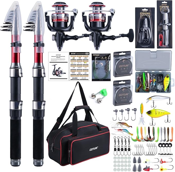 Goture Fishing Rod and Reel Combos-2PCS Telescopic Fishing Pole+2PCS Pre-Loaded Spinning Reels with Carrier Bag,1.8M-2.7M Telescopic Rod Reel Kit for Starter Travel Saltwater Freshwater,Gifts for Men