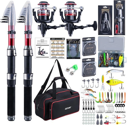 Goture Fishing Rod and Reel Combos-2PCS Telescopic Fishing Pole+2PCS Pre-Loaded Spinning Reels with Carrier Bag,1.8M-2.7M Telescopic Rod Reel Kit for Starter Travel Saltwater Freshwater,Gifts for Men