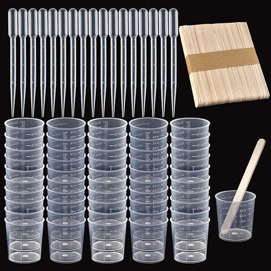 Coopay Plastic Graduated Cups Tools - 50 Pack 30ml/1oz Transparent Scale Measuring Cups, 50 Pack Wooden Stirring Sticks and 3ml Transfer Pipettes for Resin, Epoxy, Stain, Mixing Paint