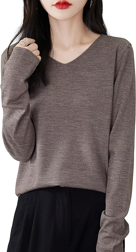 Chanyarn Women's 100% Merino Wool Base Layer Shirt Tops V Neck Long Sleeve Travel Hiking Tee T Shirt Pullover Sweater