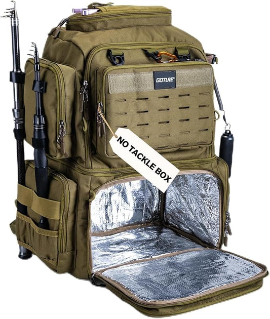 Goture Fishing Backpack, 53L 600D Water-Resistant Insulated Tackle Backpack with Cooler, Rod Holders, 8 Lure Pockets, Rain Cover, Gear Storage Large Fishing Bag for Camping Hiking(Without Tackle Box)