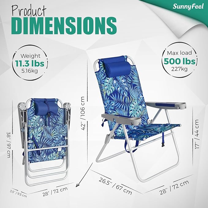 SUNNYFEEL Oversized Tall Folding Beach Chair Lightweight, 17" Portable Sand Chair for Adults Heavy Duty 500 LBS with Cup Holders, Foldable High Camping Lawn Chairs for Camp/Outdoor/Picnic/Sports