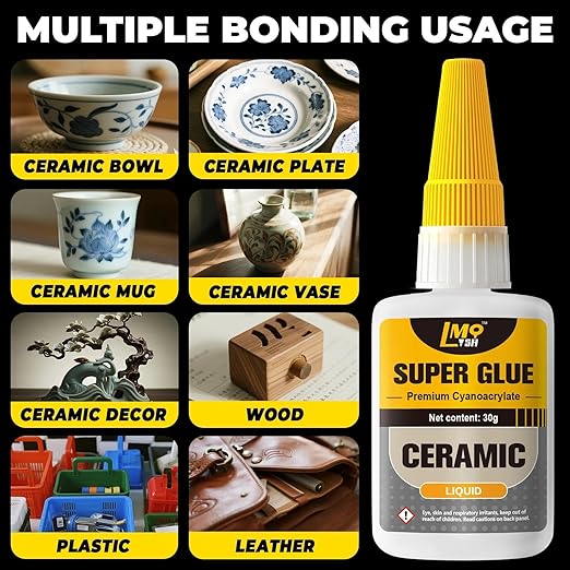 Super Glue for Ceramic, Thin Clear Liquid CA Glue for Pottery Porcelain, Fast Drying and Strong Bonding Superglue All Purpose Cyanoacrylate Adhesives for Ceramic Glass Metal Wood Leather Repairs